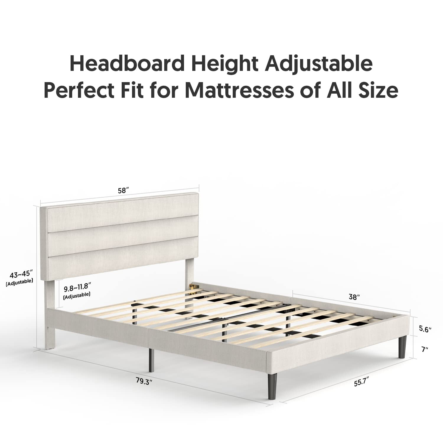 BONSOIR FULL Size Bed Frame Modern Horizontal Panel Upholstered Low Profile Platform with Tufted Headboard/No Box Spring Needed/No Bed Skirt Needed/Linen Fabric Upholstery/Beige (Full Size)
