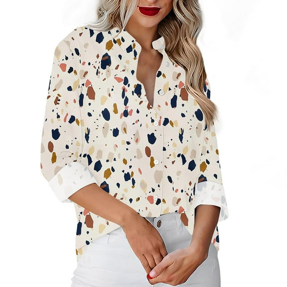 Ruimatai Women's Casual V-Neck Long Sleeve Blouse Button Down Shirt Loose Fit Office Work Tops Polyester Spandex Comfortable Business Wear