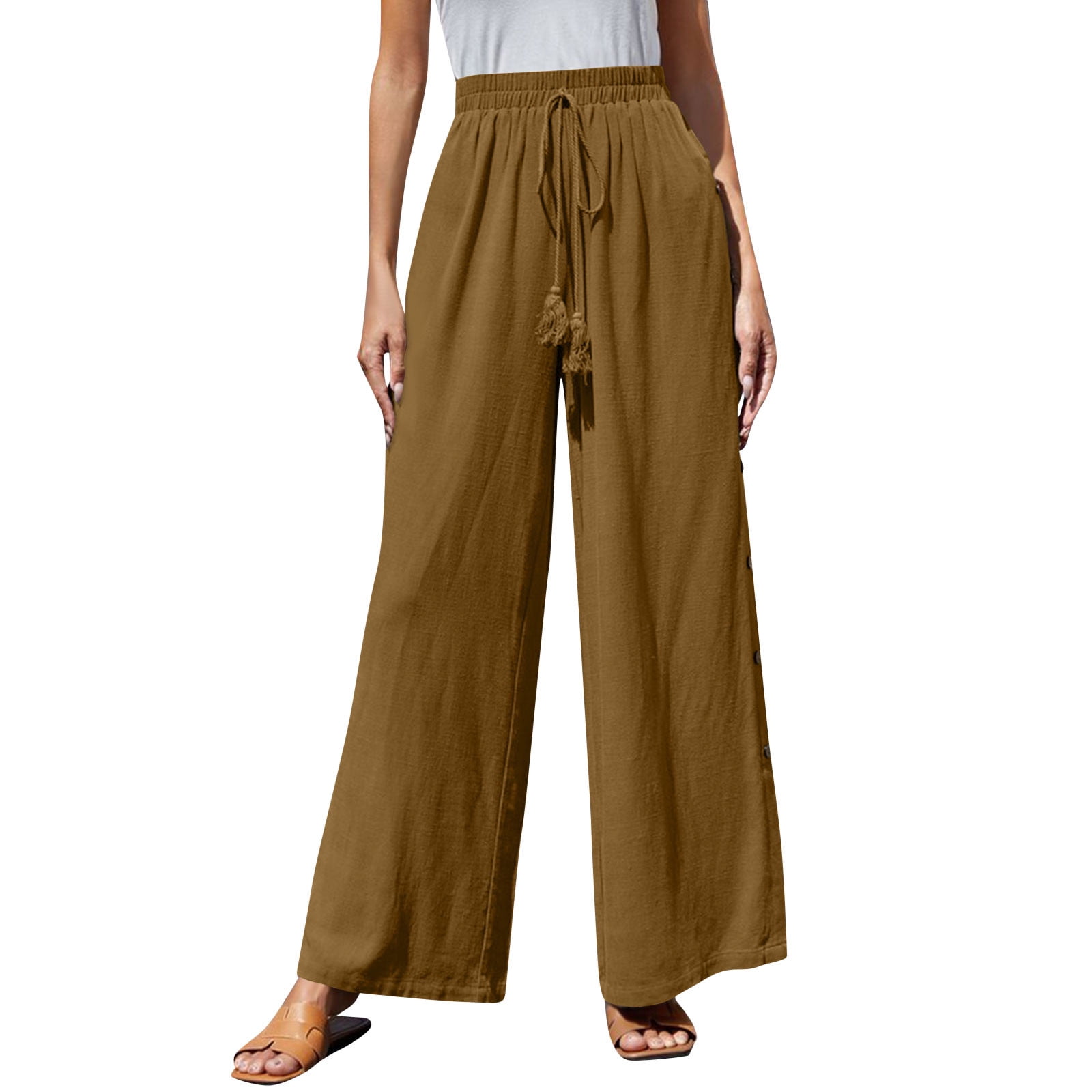  Uillui Womens Cotton Linen Striped Palazzo Pants High Waisted  Drawstring Casual Loose Cropped Pant Wide Leg Long Lounge Pant Beige :  Clothing, Shoes & Jewelry