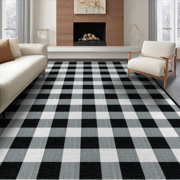 ODIKA 8'x10' Washable Area Rug Plaid Checked Checkered Bold Gingham Tartan Squares Bathroom for King Size Bedroom Under Bed, Master Suite, Non-Shedding, Easy Care
