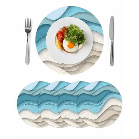 Aqua Beige Ombre Round 13 Inch Placemats Set of 4 Modern Abstract Moire Art Geometric HeatResistant Non Slip Place Mats for Dining Table Wipeable Braided Kitchen Table Mats for Housewarming
