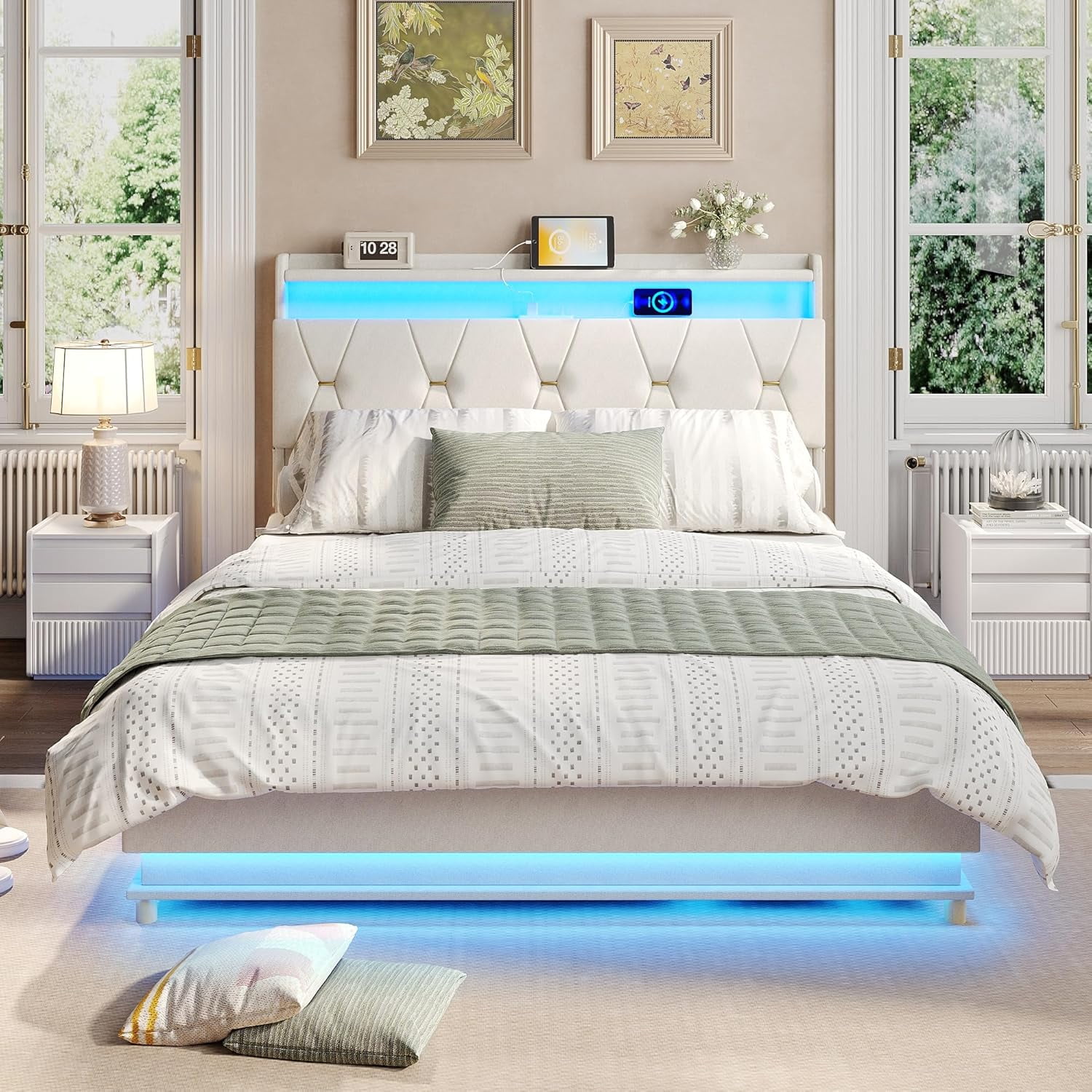 VEANERWOOD Full Size Lift Up Bed Frame with Storage Headboard, Upholstered Platform Bed with Charging Station, LED Lights, No Box Spring Needed