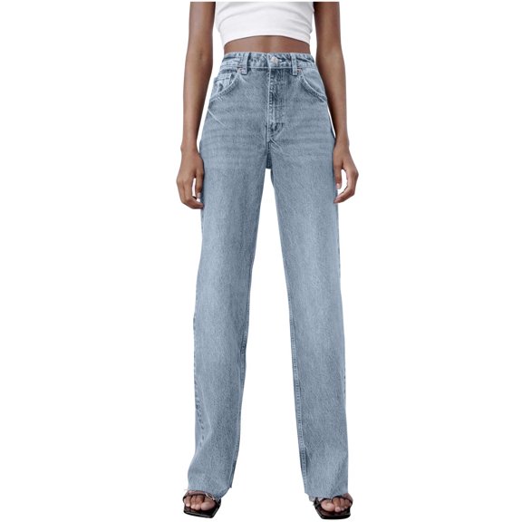 Idoravan High Waisted Jeans for Women Straight Leg Spring And Summer New Women's Button Solid Fashion Casual Straight Jeans Pants