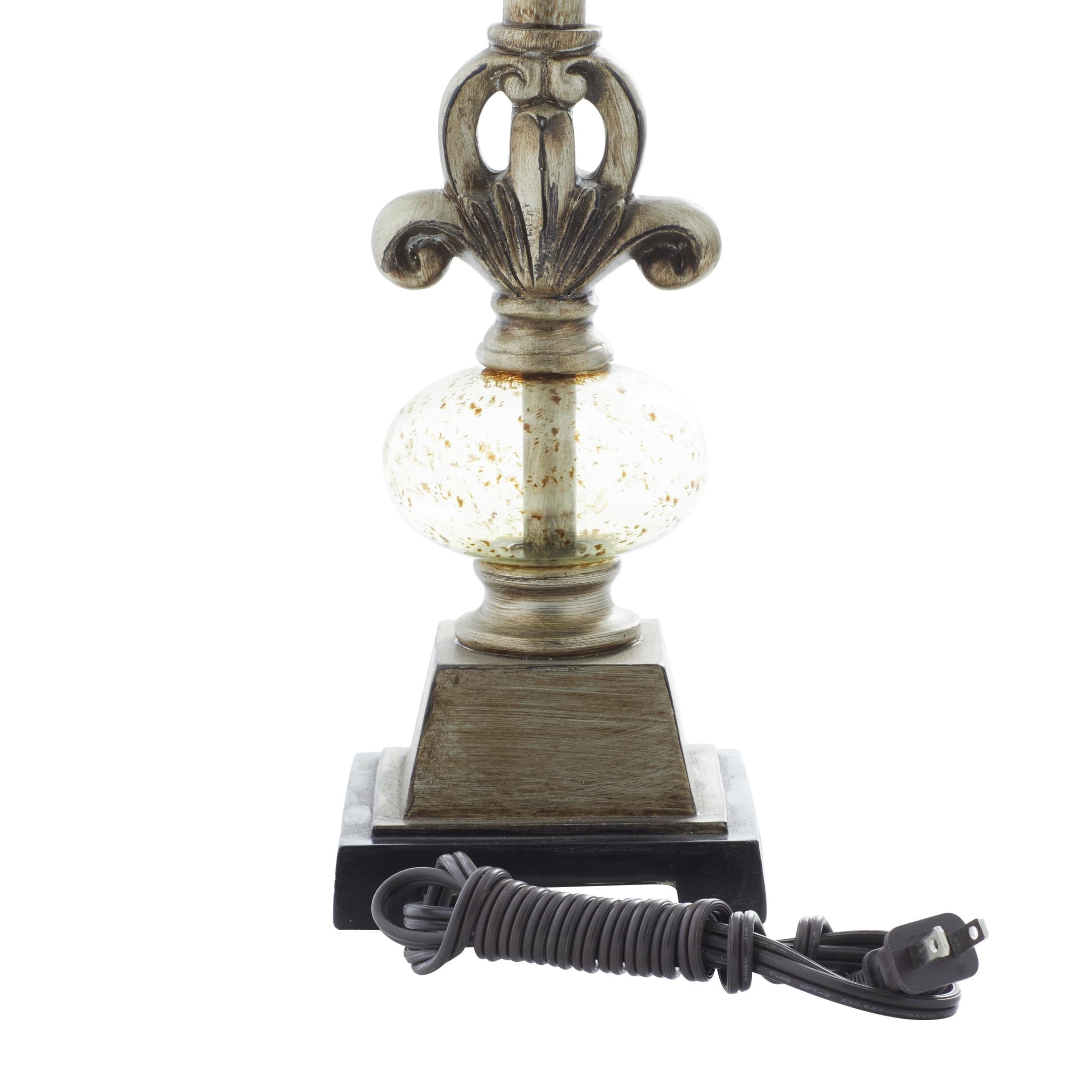 DecMode 32" Antique Style Floral Brass Buffet Lamp with Blue Linen Shade
