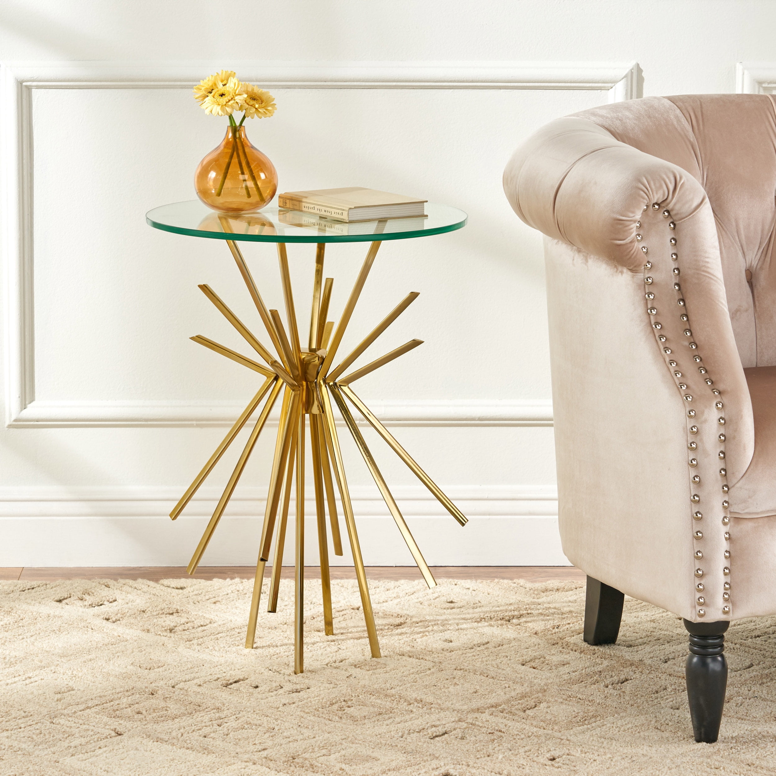 Noble House Aarav Modern Glam Handcrafted Sunburst Accent Table with Tempered Glass Top, Gold