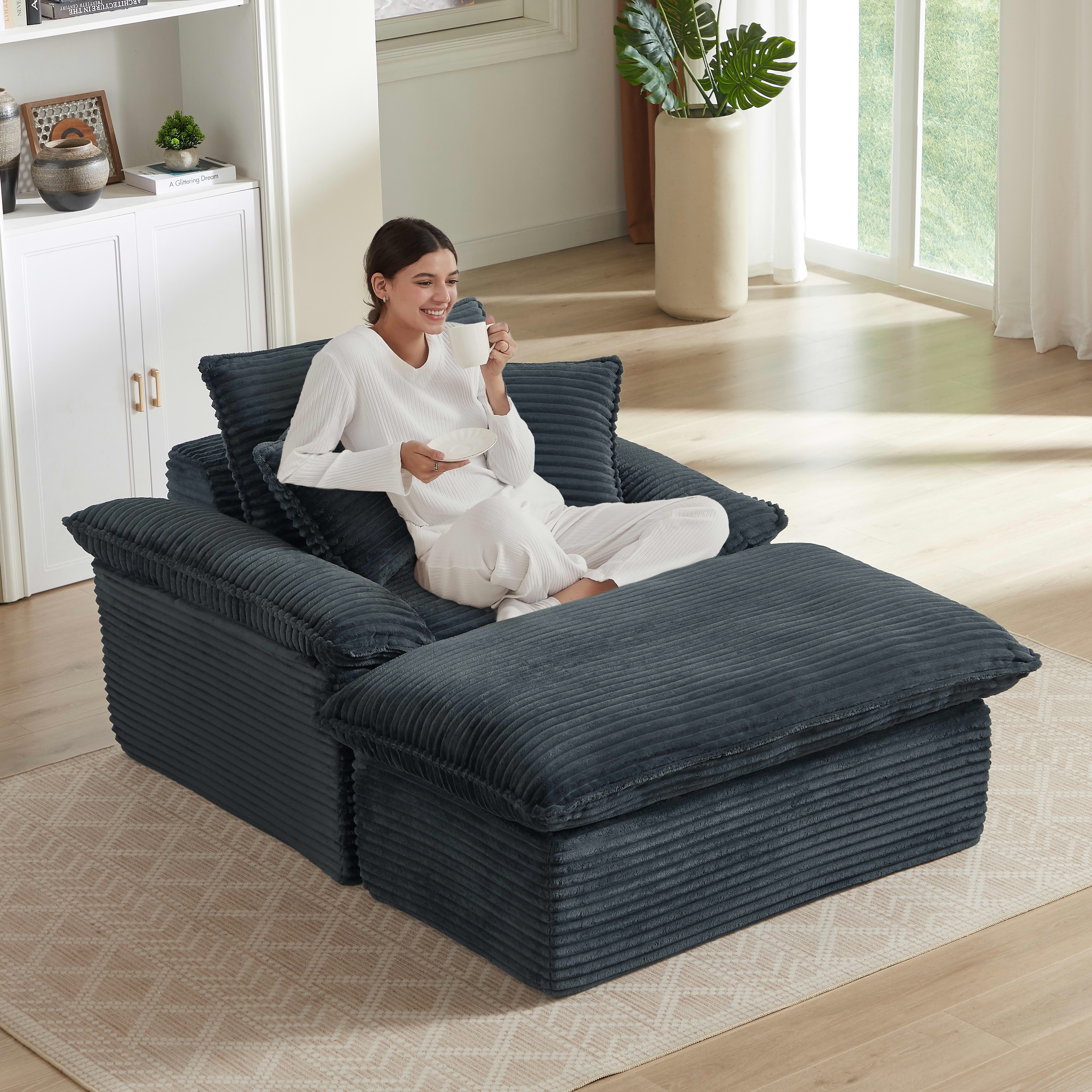 MAYEERTY Corduroy Modular Sofa, Oversized Single Chaise Lounge with Activity Footrest for Apartment, 52" Dark Gray