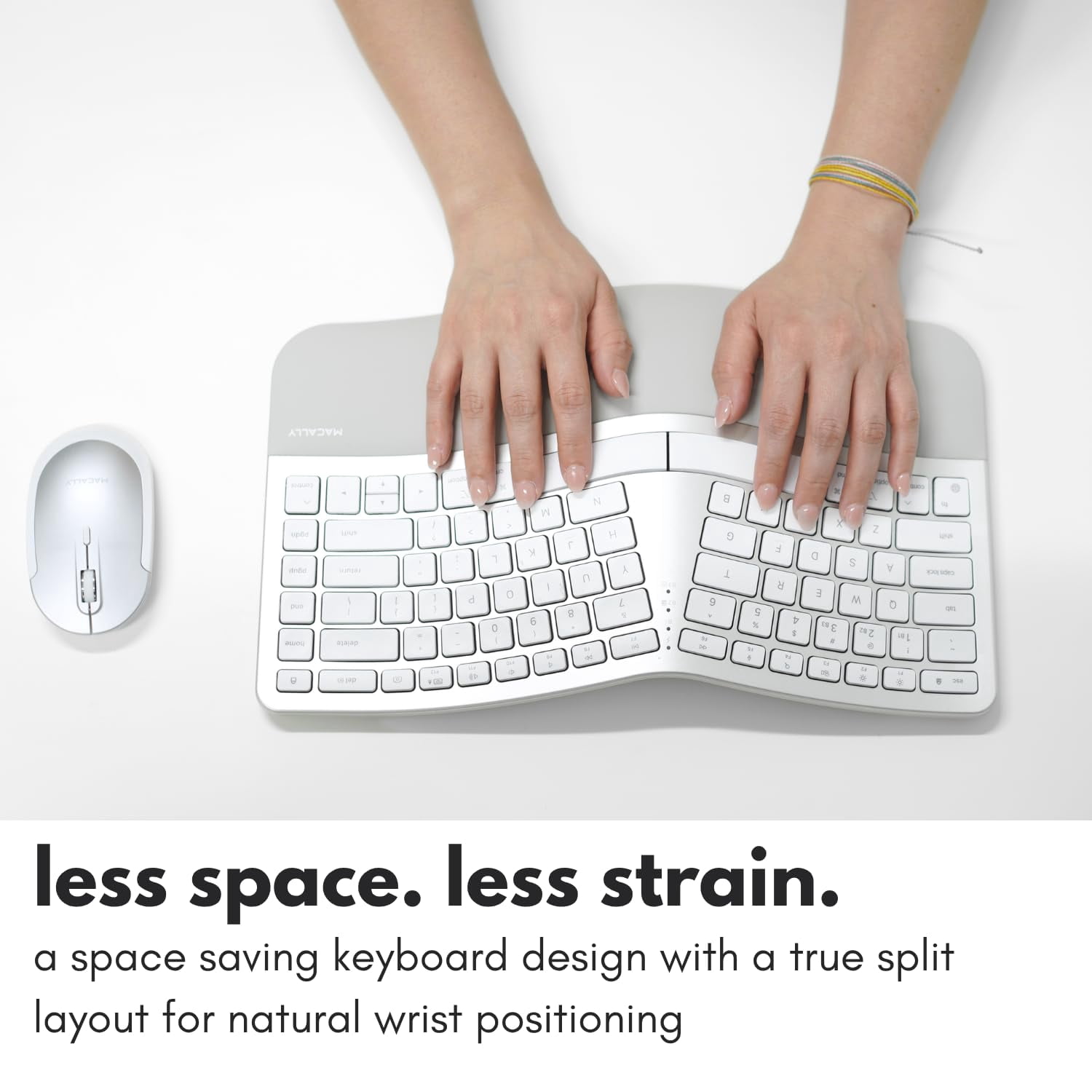 Macally Wireless Split Ergonomic Keyboard for Mac - Dual Mode (BT + Wired) - Rechargeable, Wrist Cushion, USB C + A Plug - Compact