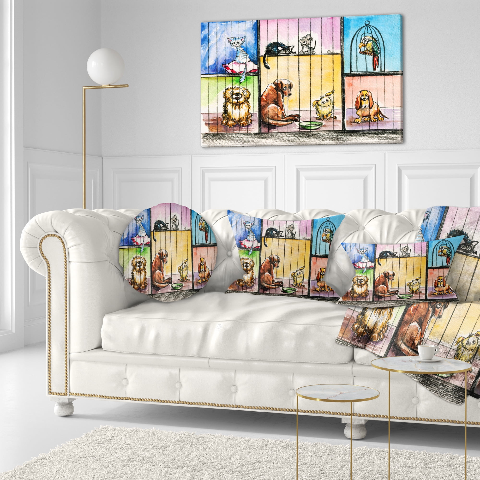 Designart Sad Animals in the Pound - Abstract Throw Pillow - 12x20