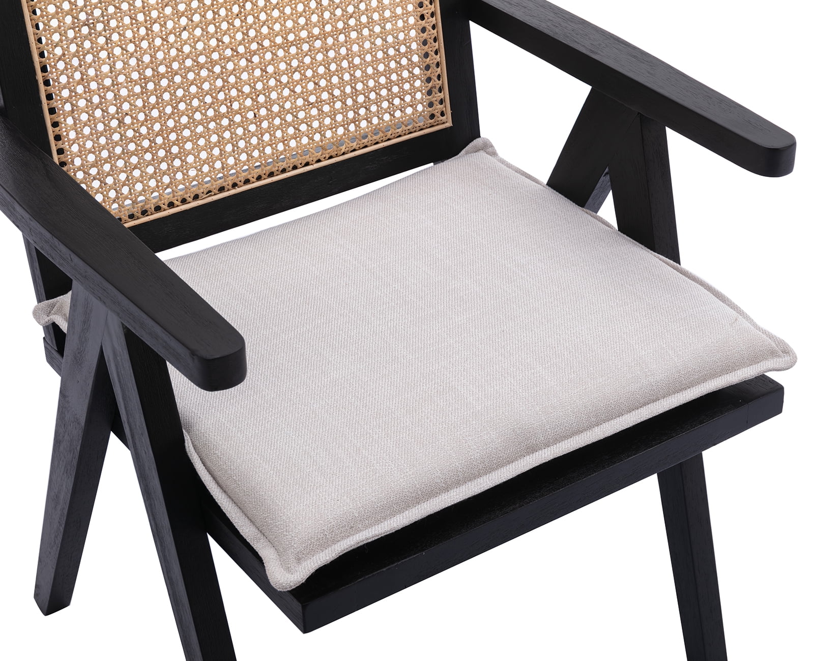 Guyou Modern Rattan Dining Chair Set of 2, Mid-century French Farmhouse Upholstered Solid Wood Armchair Reading Chair, Retro Accent Chair with Woven Back and Black Base, Beige Fabric