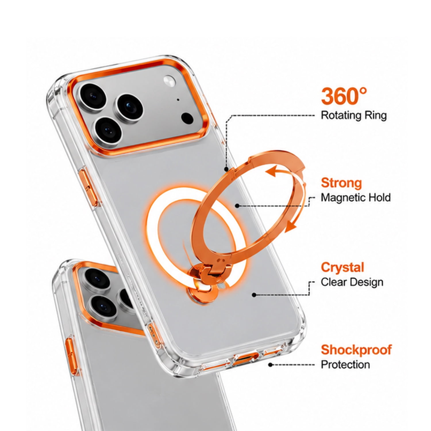 Clear Magnetic Kickstand Protective Case for iPhone 17 Pro Max - Orange