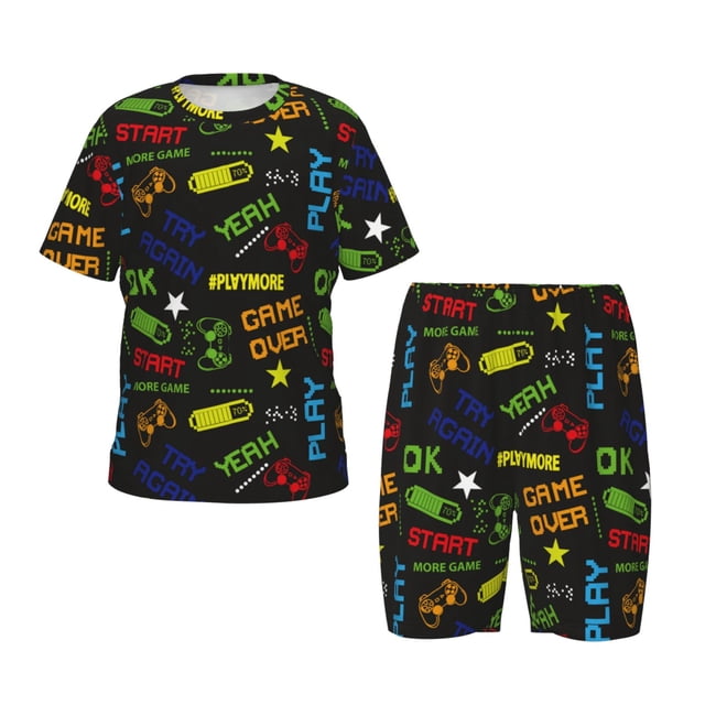 Balery Pixel Game Conjunto de Pijama Infantil de Manga Corta con Estampado – Ropa de Dormir de Algodón Suave-Small