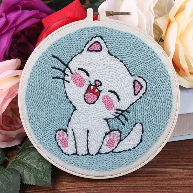 2 Pack Easy Smaller Size DIY Craft Punch Needle Embroidery Kits Rug for Starter Kits with Stamped Color Pattern with Instruction,Yarn and Wood Needle Pen,15cm Hoop (Cartoon Animal Owl,Cat)