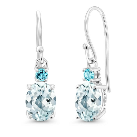 Gem Stone King 10K White Gold Sky Blue Aquamarine and Swiss Blue Topaz Dangle Earrings for Women (2.36 Cttw, Gemstone Birthstone, Oval 8x6mm)