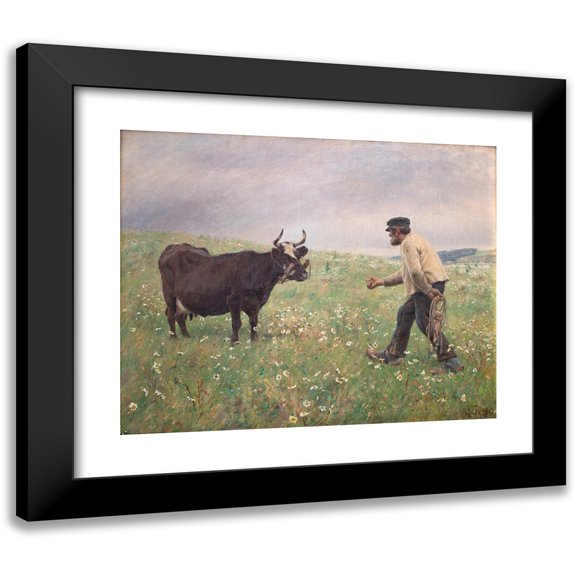 Hans Michael Therkildsen 14x12 Black Modern Framed Museum Art Print Titled - A Cow Loose (1889 - 1890)