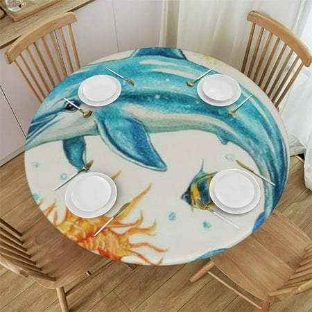 

Patifu Dolphin Fish Seahorses Round Table Cover Stain Resistant Washable 100% Polyester Waterproof for Indoor Outdoor Tablecloth Kitchen Dining Wedding Parties Decor 46 -50