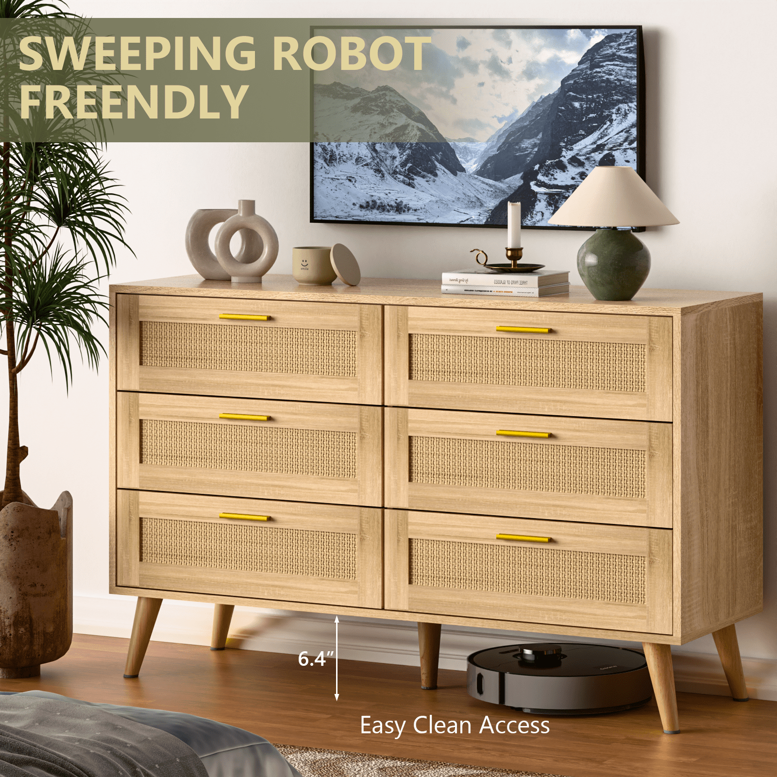 Waleaf 6 Drawer Dresser for Bedroom,Rattan Modern Closet Dressers Chest of Drawers,Beside Table for Entryway, Living Room, Hallway, Bedroom