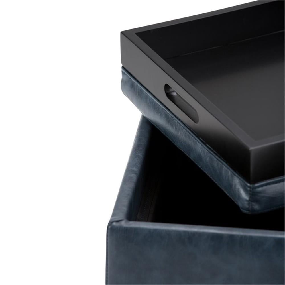 Simpli Home Rockwood 17 inch Wide Contemporary Square Cube Storage Ottoman with Tray in Denim Blue Vegan Faux Leather, Assembled