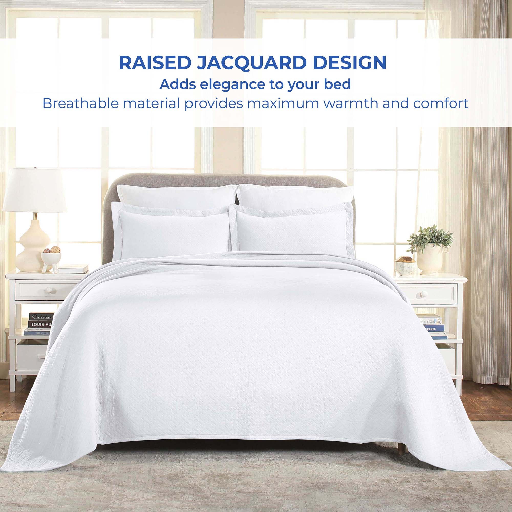 Superior Basket Weave 2 Piece Decorative Cotton Bedspread, Lightweight Bedding Set, Twin Size, White