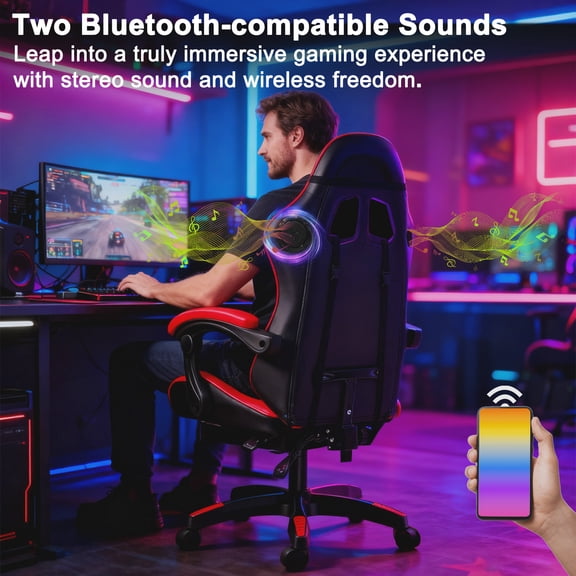 397lbs Capacity Bluetooth Gaming Chair - Adjustable Reclining Faux Leather Computer Chair with Retractable Footrest for Gaming, Work & Rest