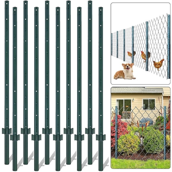 Gaderth 10 Pack Garden Fence Posts, 146cm/4.8FT Heavy Duty Metal U Post Fence Stakes, No Dig Green Steel T Posts With Anchor Plates for Garden Yard Lawn Farm Orchard Outdoor Wire Fencing