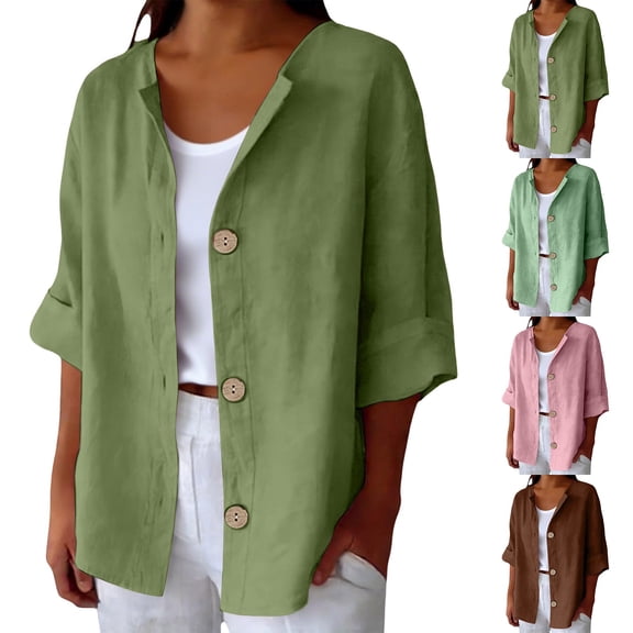 Button Down Shirts for Women Casual Solid Cotton Linen Loose Fit Daily Shirts