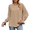 thumbnail image 1 of Jersey de cuello redondo para mujer, Color sólido, fibra de poliéster, puño fruncido, manga larga, Tops elegantes para otoño, color caqui XXL, 1 of 6