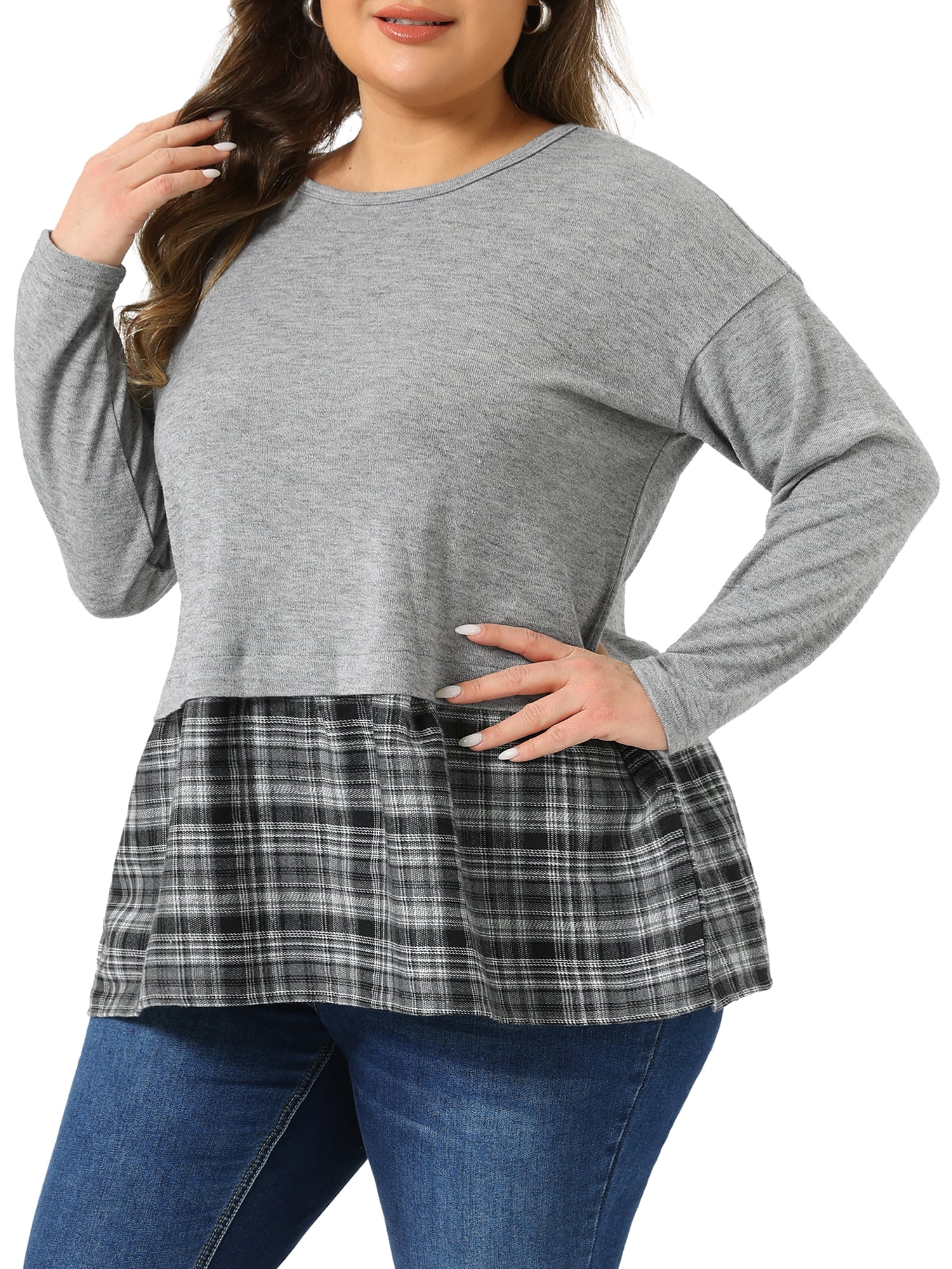 DARING DIVA Women's Plus Long Sleeve T Shirt Tops Patchwork Blouse 2X Grey