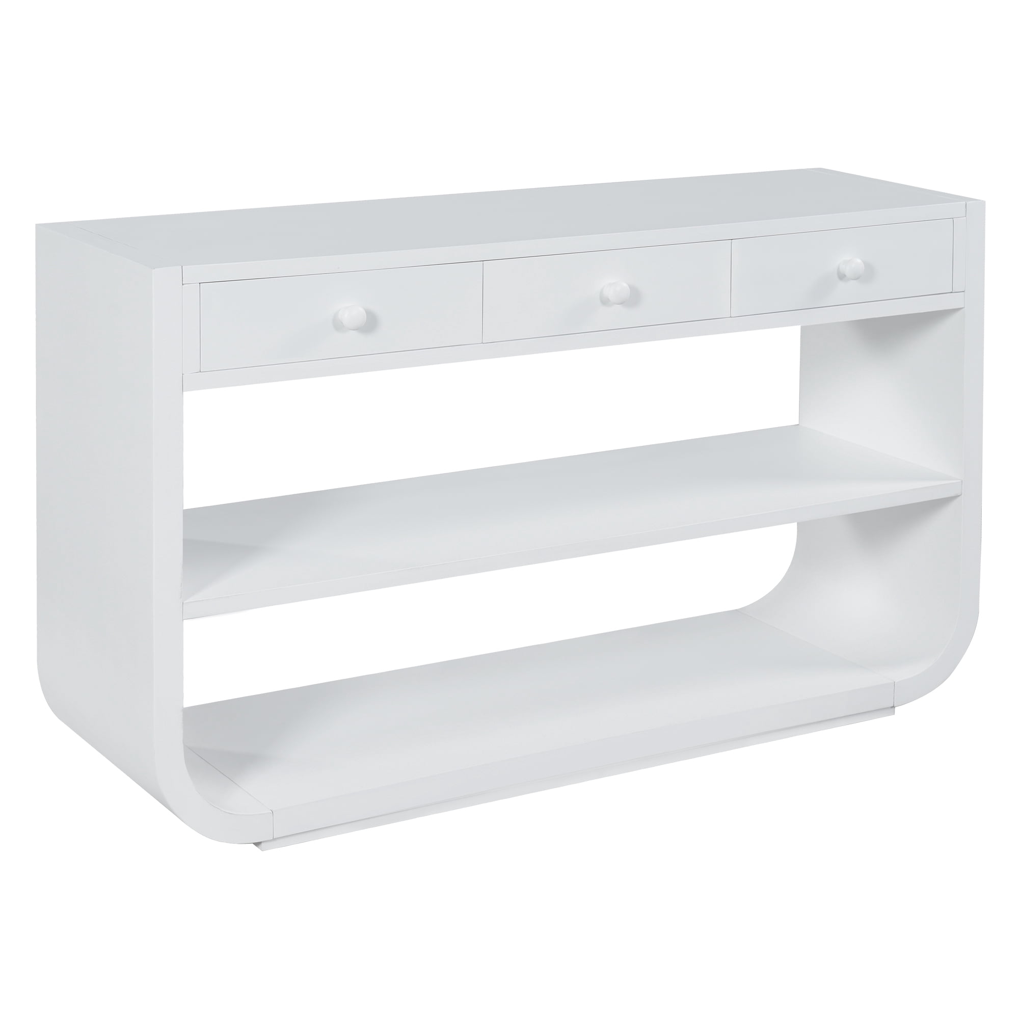 Mintazer 55" Modern Curved Console Table with 3 Soft-Close Drawers & 2 Open Shelves for Entryway, Living Room, Hallway, White