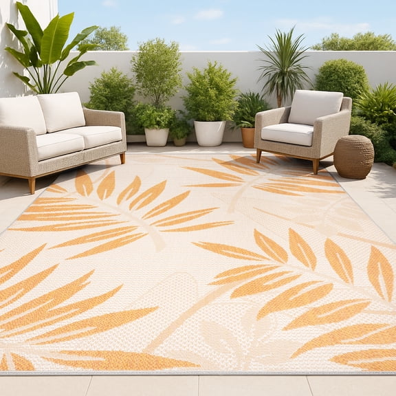 JONATHAN Y SANTA MONICA 3 x 5 Area Rug, Havana Tropical Palm Leaf - Cream/Orange, SMB208A-3