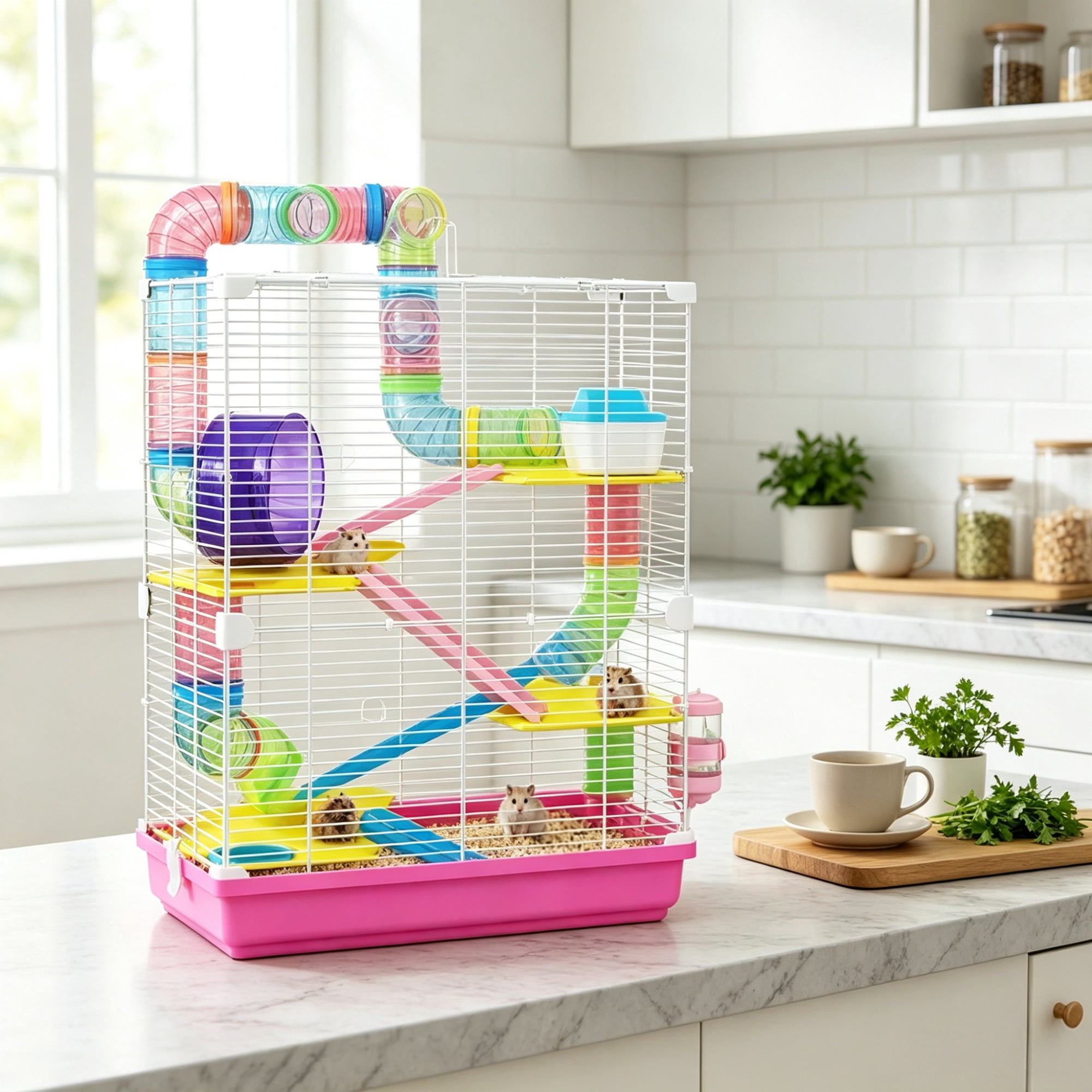 5-Tier Portable Hamster Cage for Short Trip Outing, Small Animal Travel Carrier with Tunnel Tubes, Pink