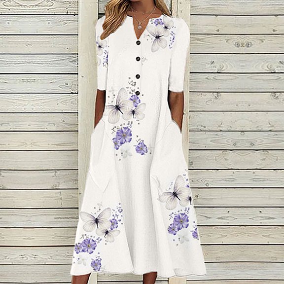 Fridja Women Casual Loose Butterfly Printing V-Neck Half Sleeve Button Pockets Long Dress