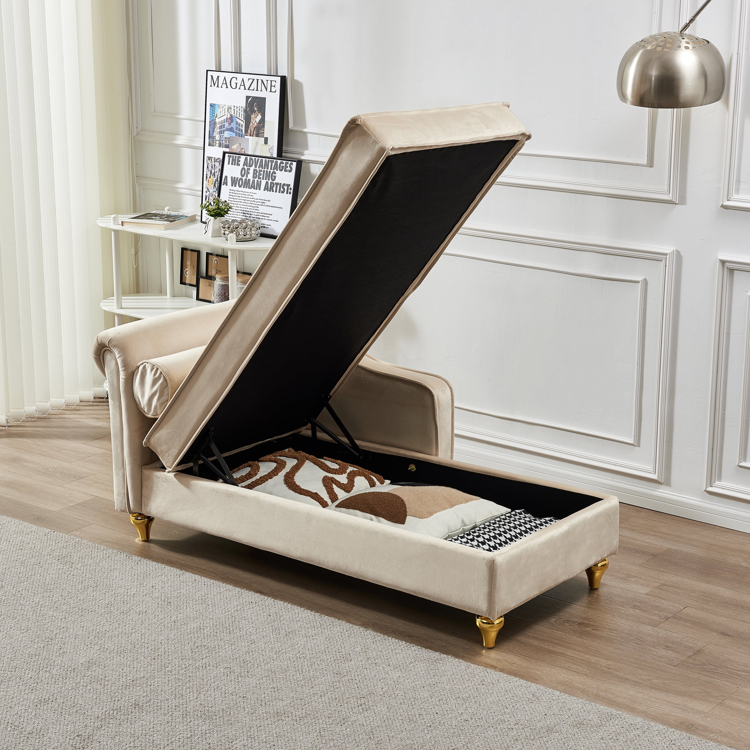 DEALTOPS Futon Sofa Chair with Storage Lounge Couch Modern Upholstered Sofa Recliner Lounge Chair for Living Room- Beige