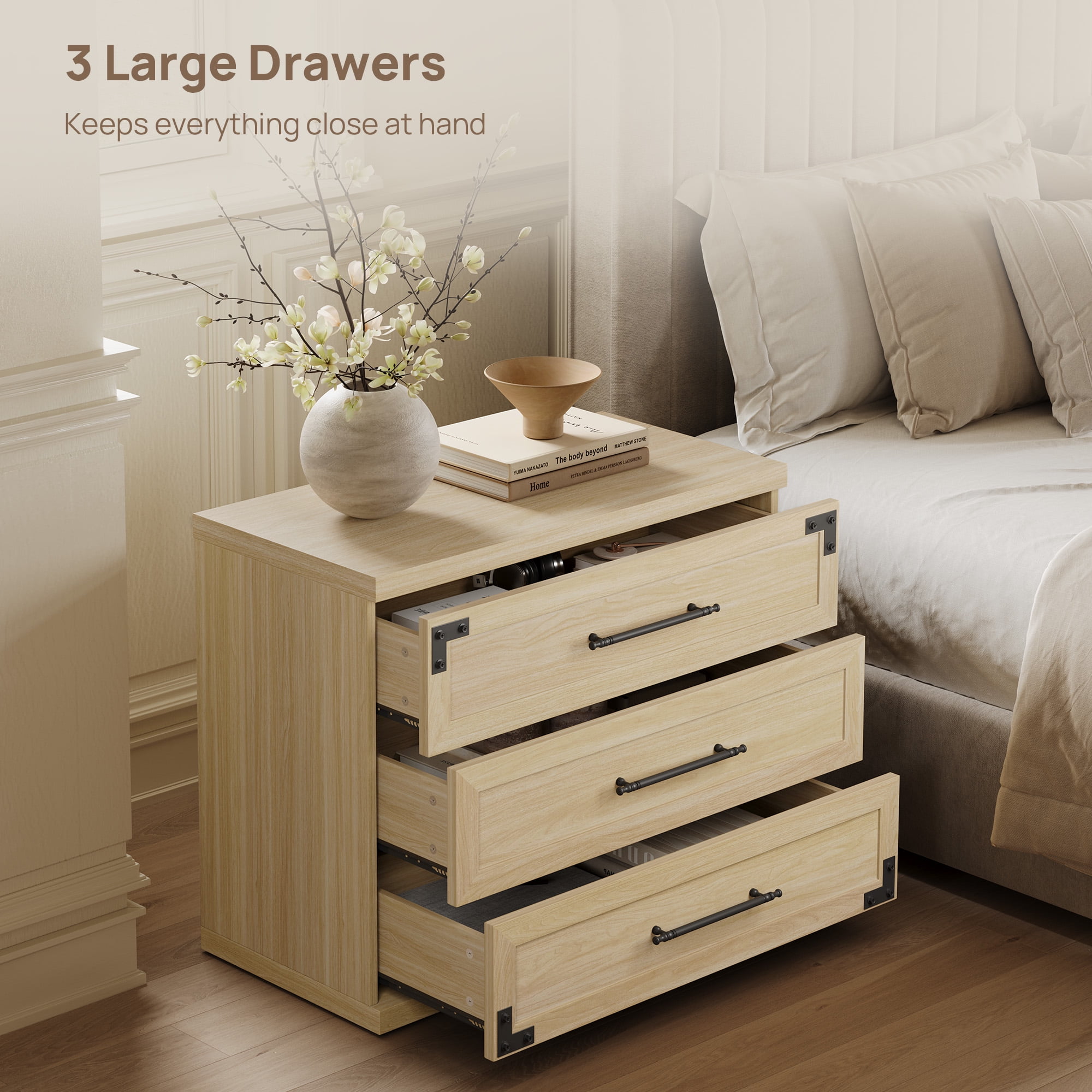 SICOTAS 31.3" Wide Farmhouse 3 Drawer Nightstand Set of 2, Oversized Bedside Table with Black Handles, Dresser Nightstand with Large & Deep Drawers, Wood End Table for Bedroom, Living Room, Beige