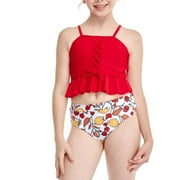 Fesfesfes Girls Summer Swimsuits Casual Cute Floral Print Double Ruffle Sling Swimwear Beach Swimsuits Split Two-Piece Bikini Sets