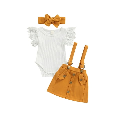 

CIYCuIT Infant Girls Summer 3Pcs Outfit Sets Ruffle Short Sleeve Ribbed Romper + Suspender Skirt + Headband 0-18 Months