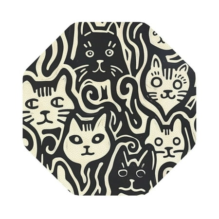 

Pofeuu Abstract Cat Faces Pattern Print Leather Coasters Set of 6 Round Cups Mugs Mat Pad for Home Kitchen Heat Resistant Drink Coasters Octagon