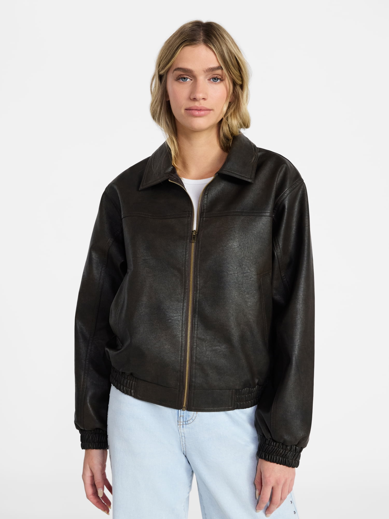 No Boundaries Relaxed Fit Faux Leather Jacket, Women's XXS-XXL