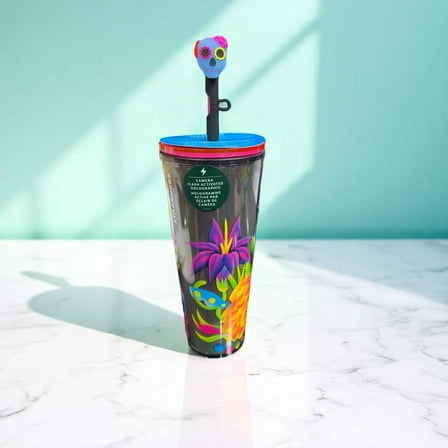 Starbucks Día De Los Muertos 2025 24oz Cold Cup Tumbler with Flash-Activated Hologram & Sugar Skull Straw Topper
