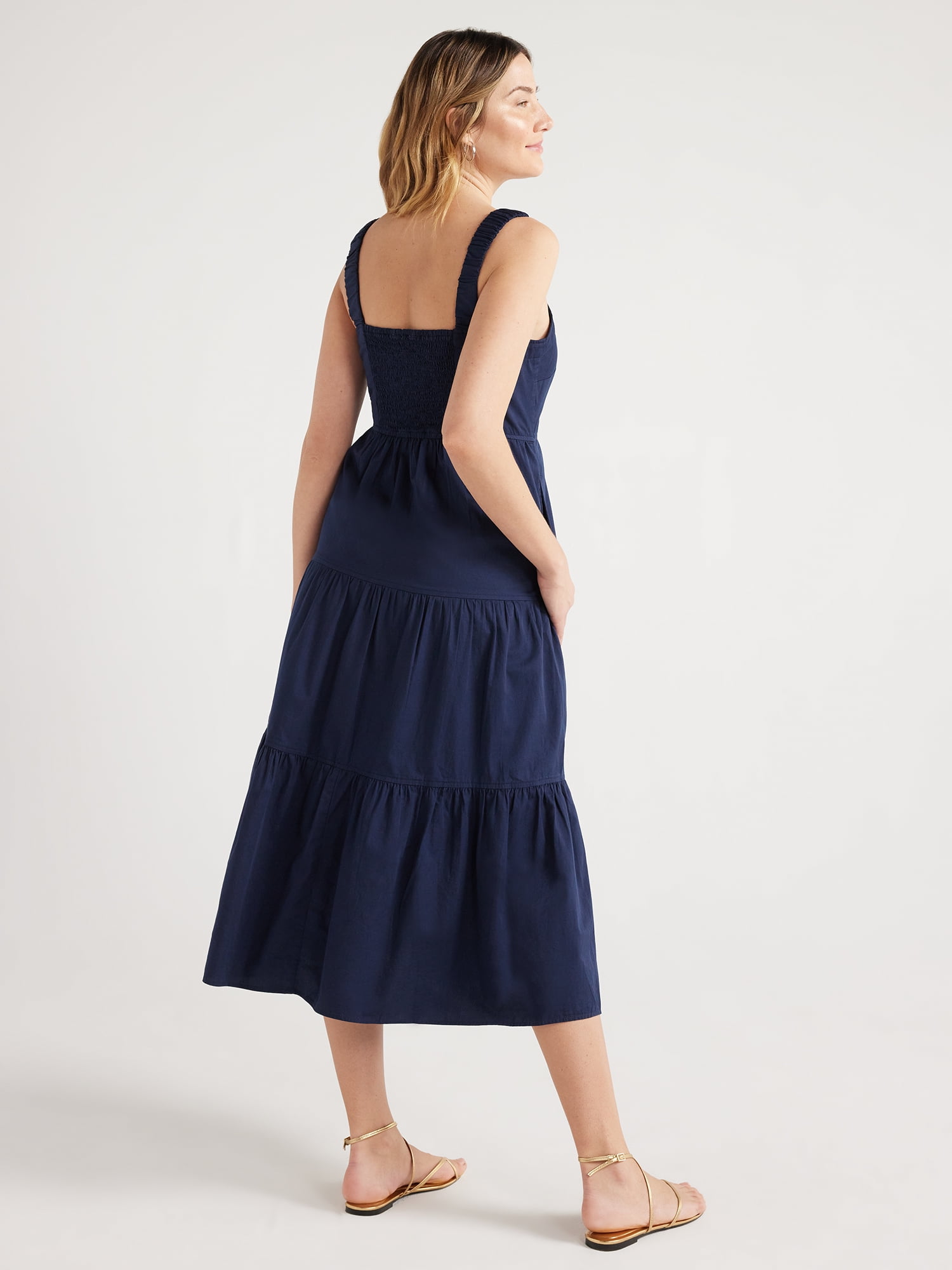 Free Assembly Women’s Cotton Tiered Midi Dress with Pockets, Sizes XS-XXL