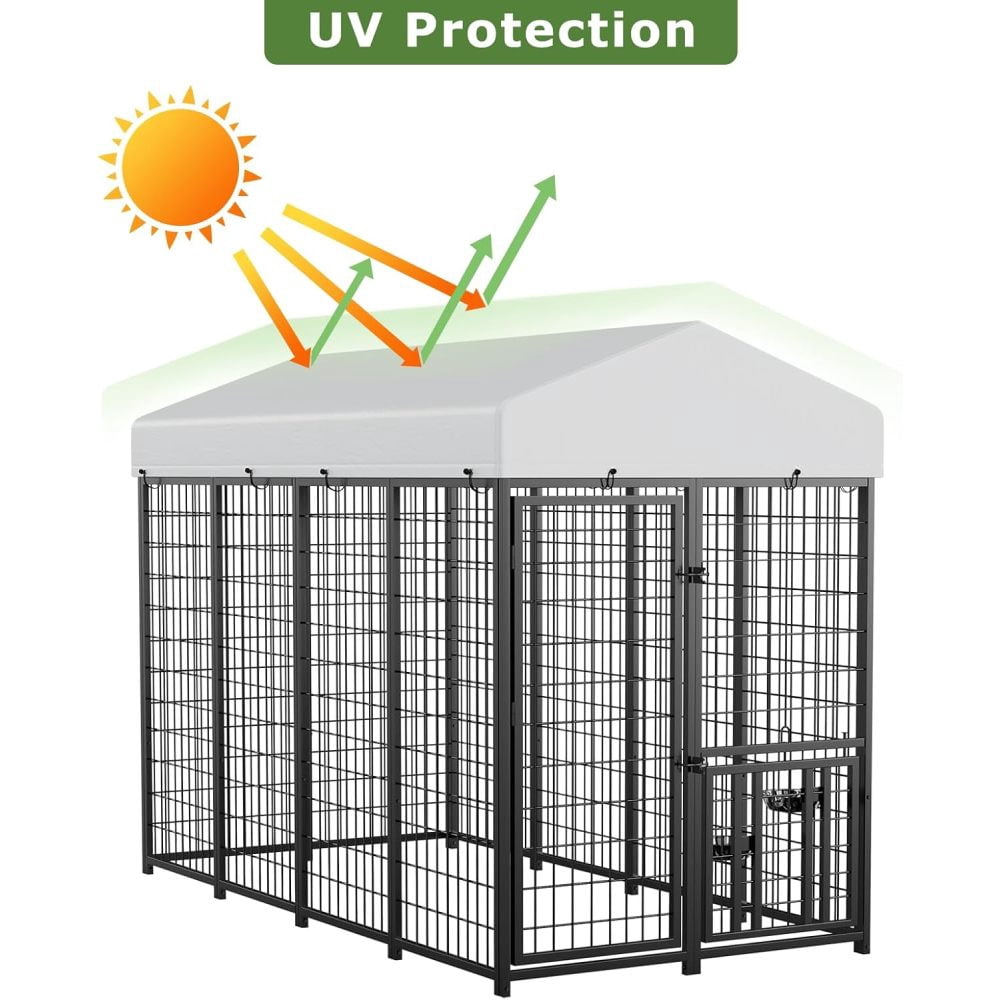 Large Outdoor Dog Kennel with Rotatable Feeder, Waterproof Roof & Raised Legs - Stainless Steel