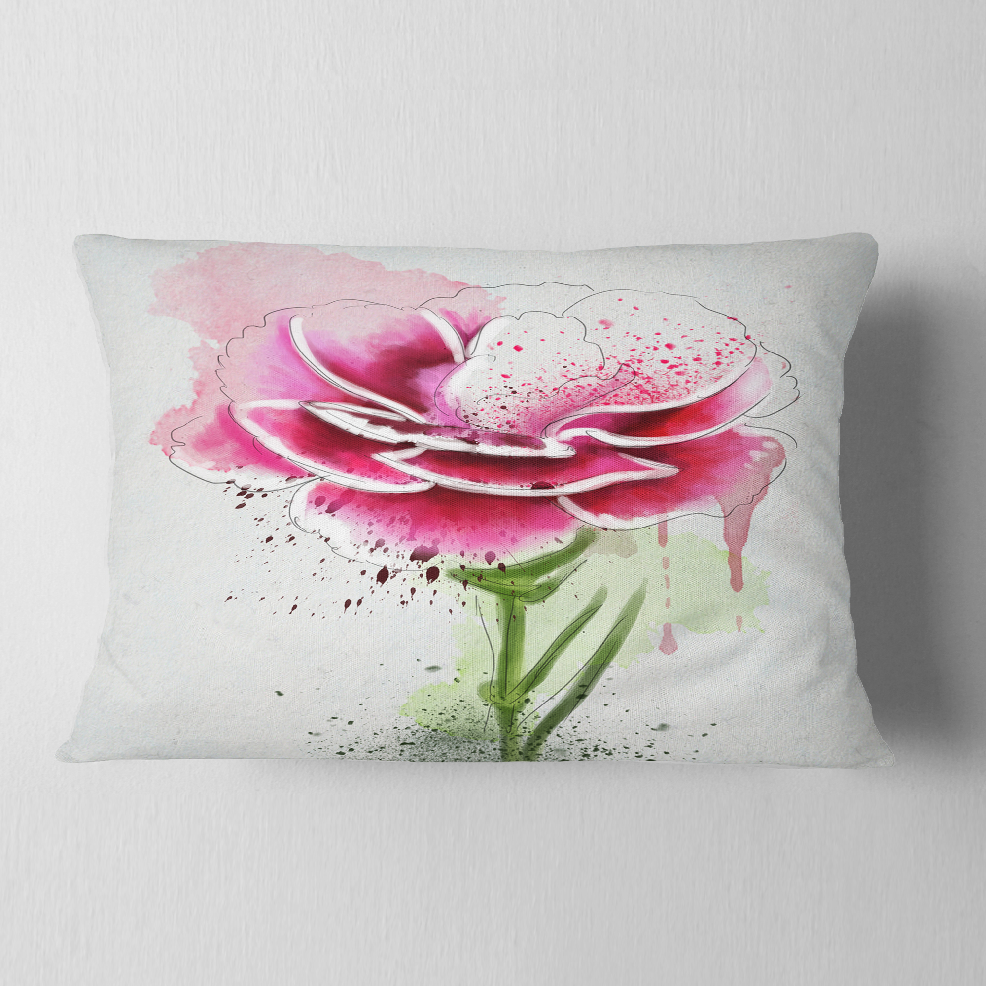Designart Pink Hand drawn Watercolor Flower - Floral Throw Pillow - 12x20