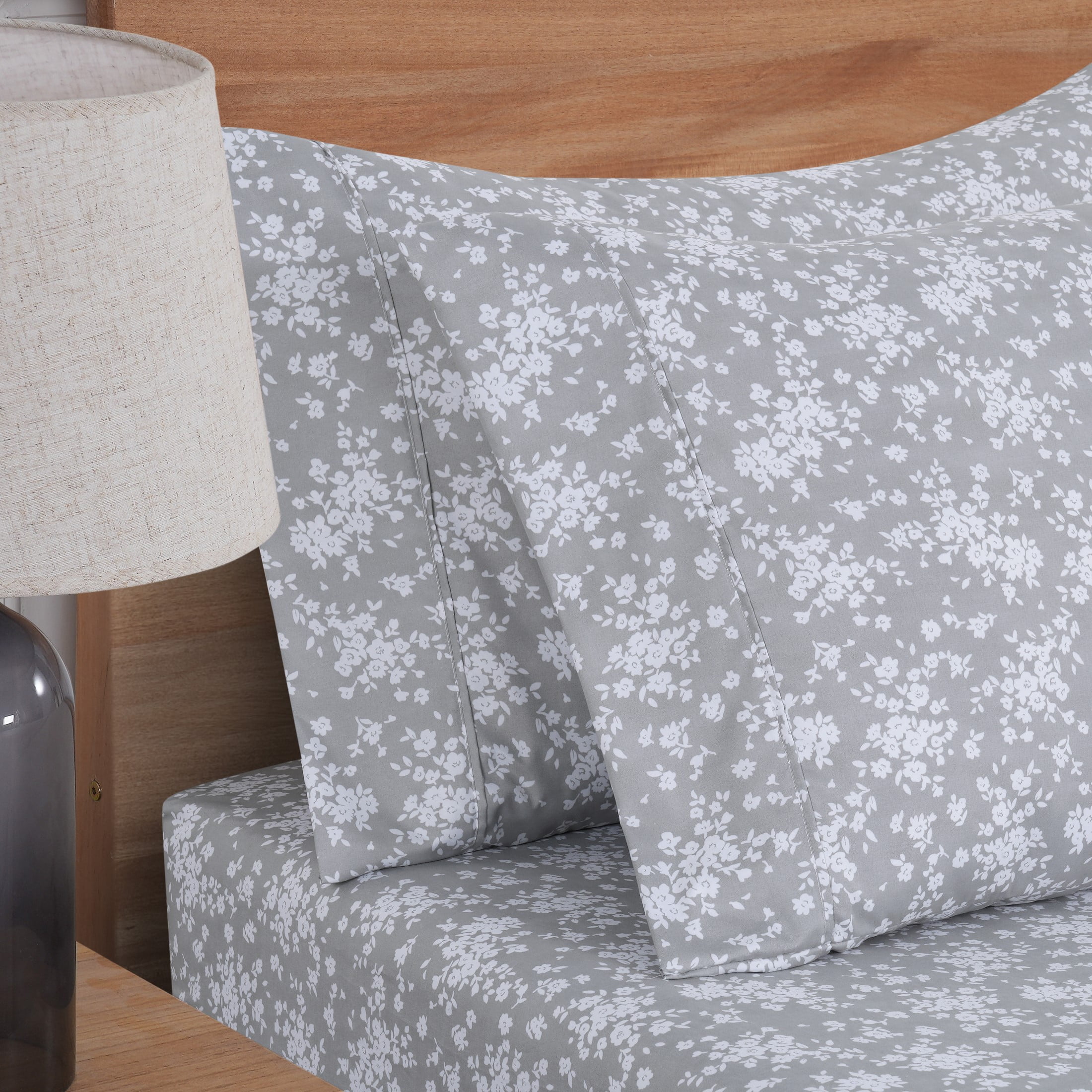 Mainstays Super Soft Brushed Microfiber Pillowcase Set, Gray Floral, King, 2 Piece