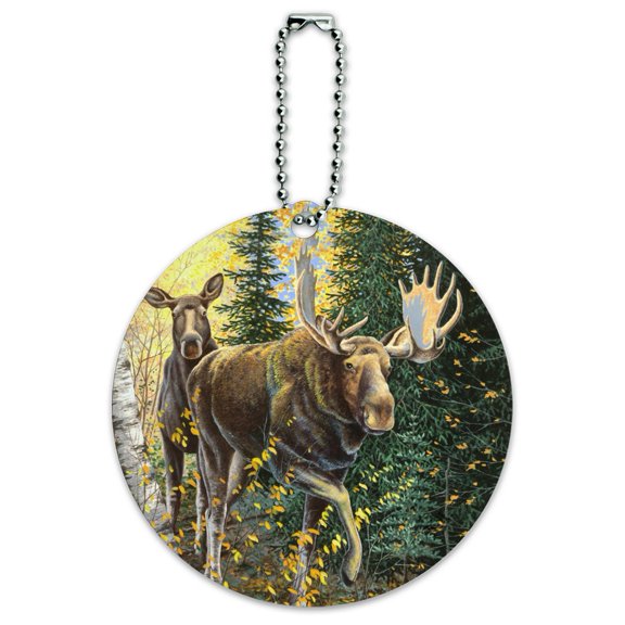 Moose in the Woods Round Luggage ID Tag Card Suitcase Carry-On