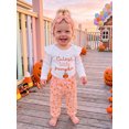 thumbnail image 3 of RUINIXCW Newborn Baby Girl Halloween Outfit Fall Winter Clothes Cute Pumpkin Letters Print Ribbed Ruffle Long Sleeve Romper and Bow Pants Headband Set, 3 of 9
