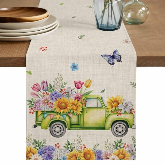 Table Runner 70 Inches Long for Kitchen Dining, Spring Truck Floral Dresser Scarf Farmhouse, Dining Table Decorations for Wedding/Parties, Watercolor Garden Flowers Butterflies Beige 13 x 70 In