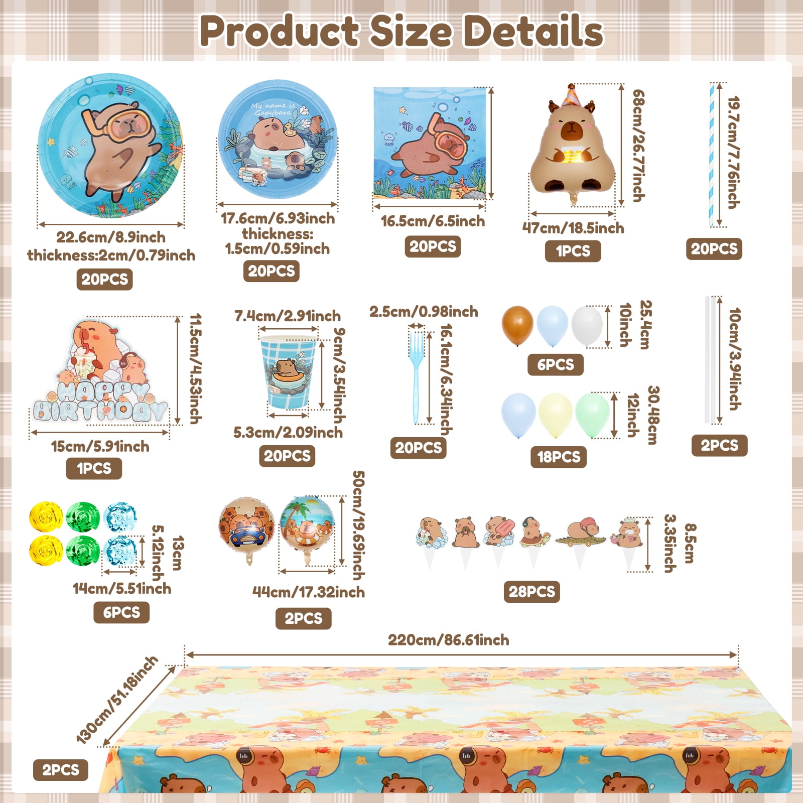pluokvzr 185pcs Capybara Birthday Decorations Tableware Set Cute Animal Theme Birthday Decor with Banner Balloons Plates for Party Baby Shower