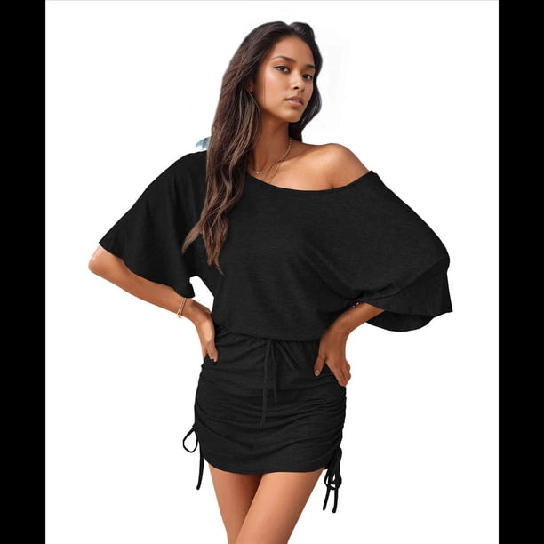 Vestidos de Mujer con Mangas Murciélago Laterales y Cordón Ajustable, Color Negro, Talla S