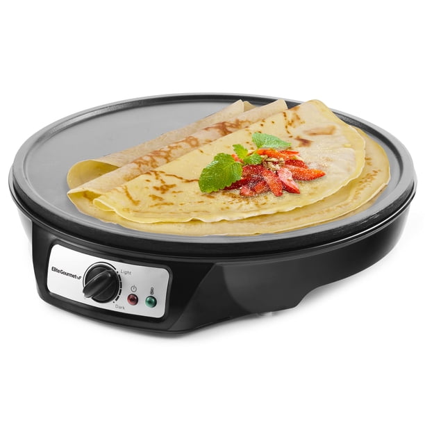 Elite Cuisine ECP-126 Maxi-Matic Máquina eléctrica de crepé, panqueques, pasteles calientes y plancha antiadherente con esparcidor, espátula y recetas, 12 pulgadas, negro