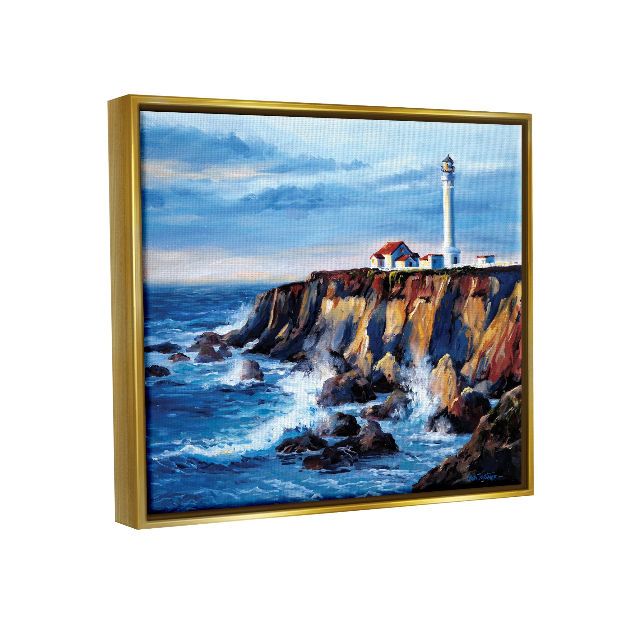 Stupell Industries Lighthouse on Sea Cliff Nature Painting Gold Floater Framed Canvas Art Print Wall Art, 21 x 17