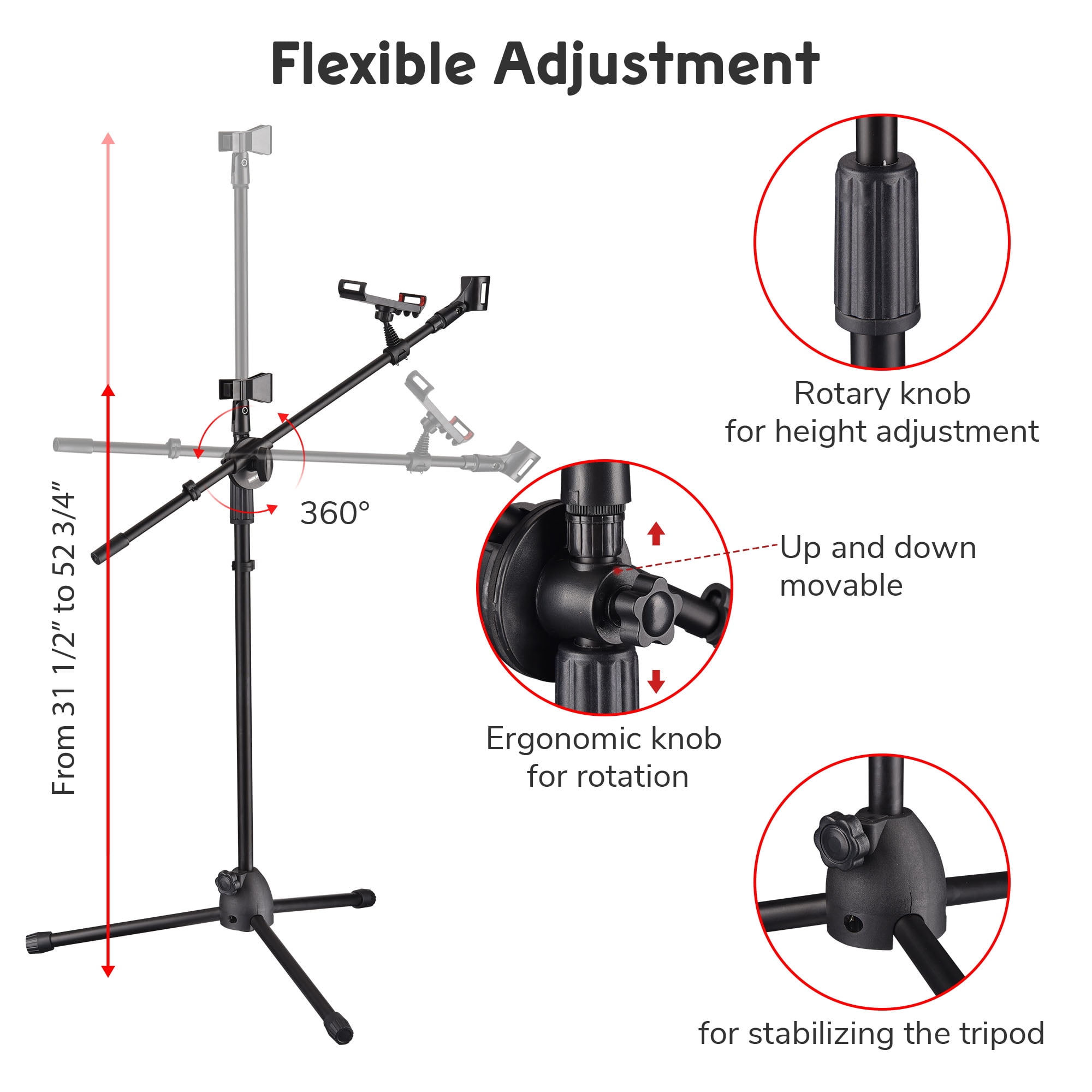 Microphone Boom Arm Stand w/ Dual Mic Clips Adjustable Tripod Phone Mount Holder